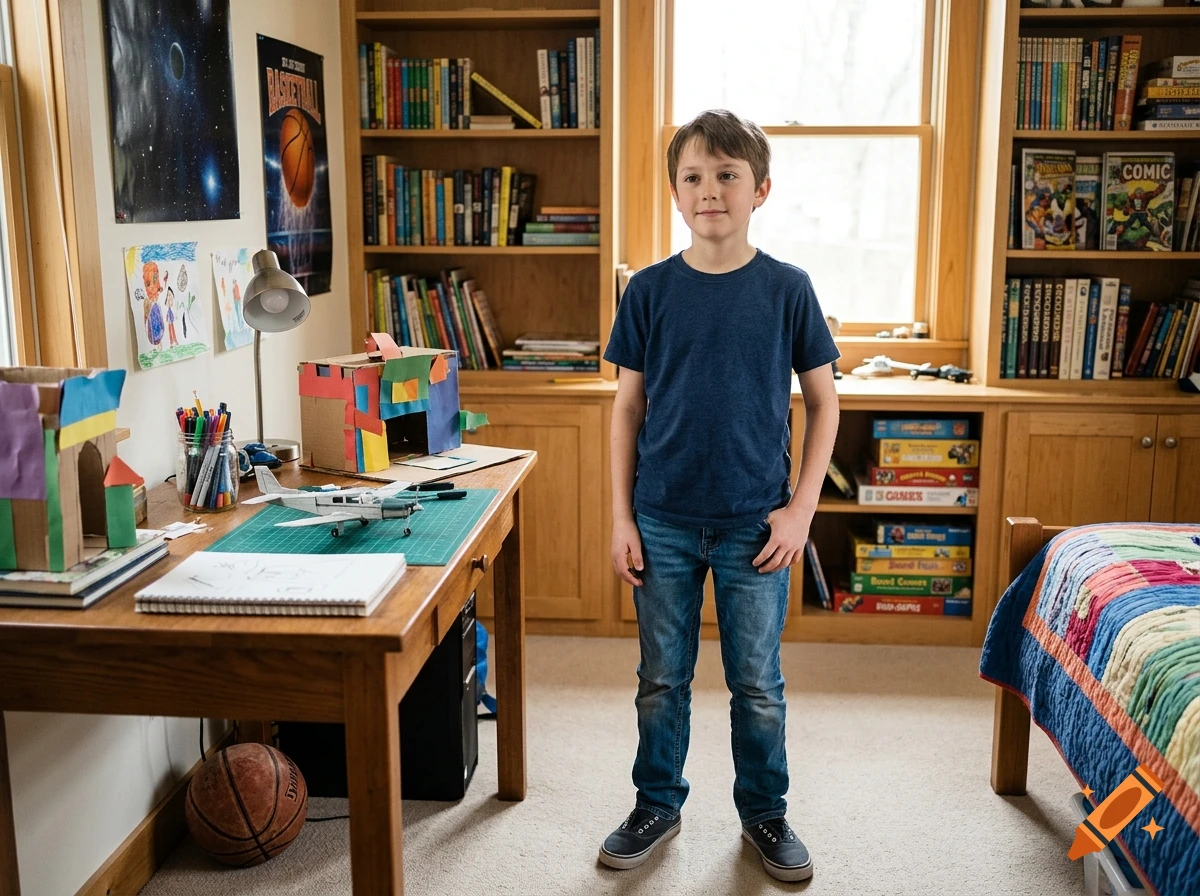 A young boy standing in a child's bedroom with a desk, bookshelf, and bed.