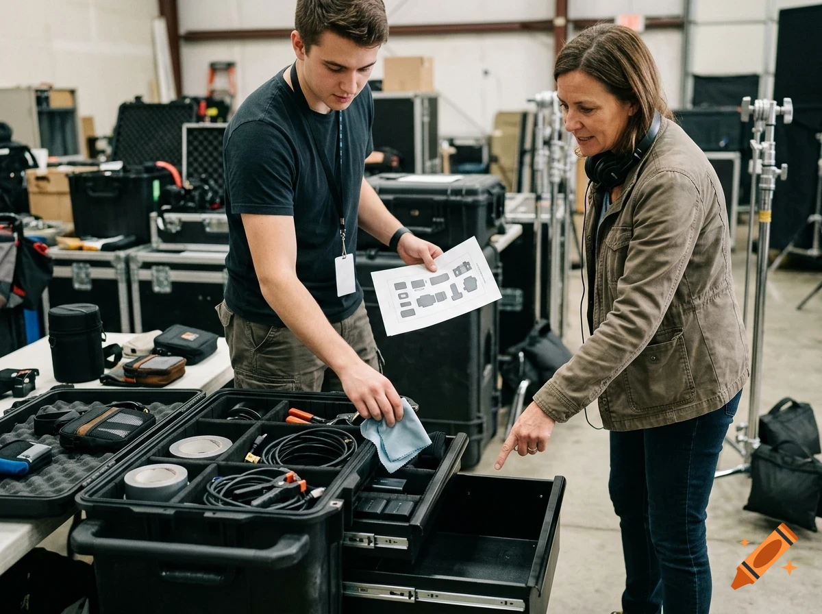 A young man and an older woman working with production gear and looking at equipment in a warehouse setting.