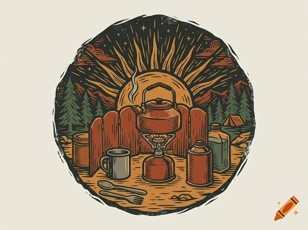An illustrated camping scene featuring a kettle on a portable stove, mug, utensils, and supplies against a backdrop of trees, mountains, and a large sun inside a circular badge.