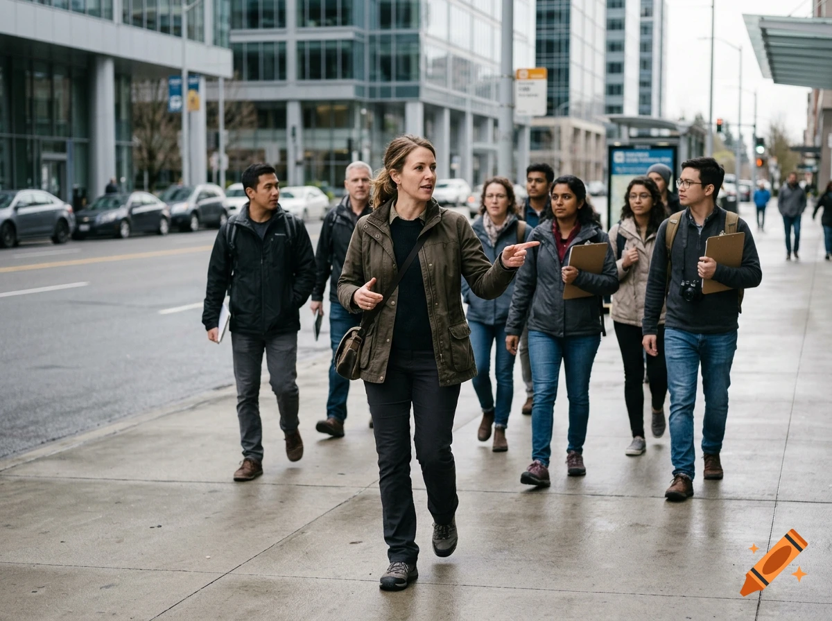 Photorealistic image of a woman leading a diverse group of people walking down a city sidewalk.
