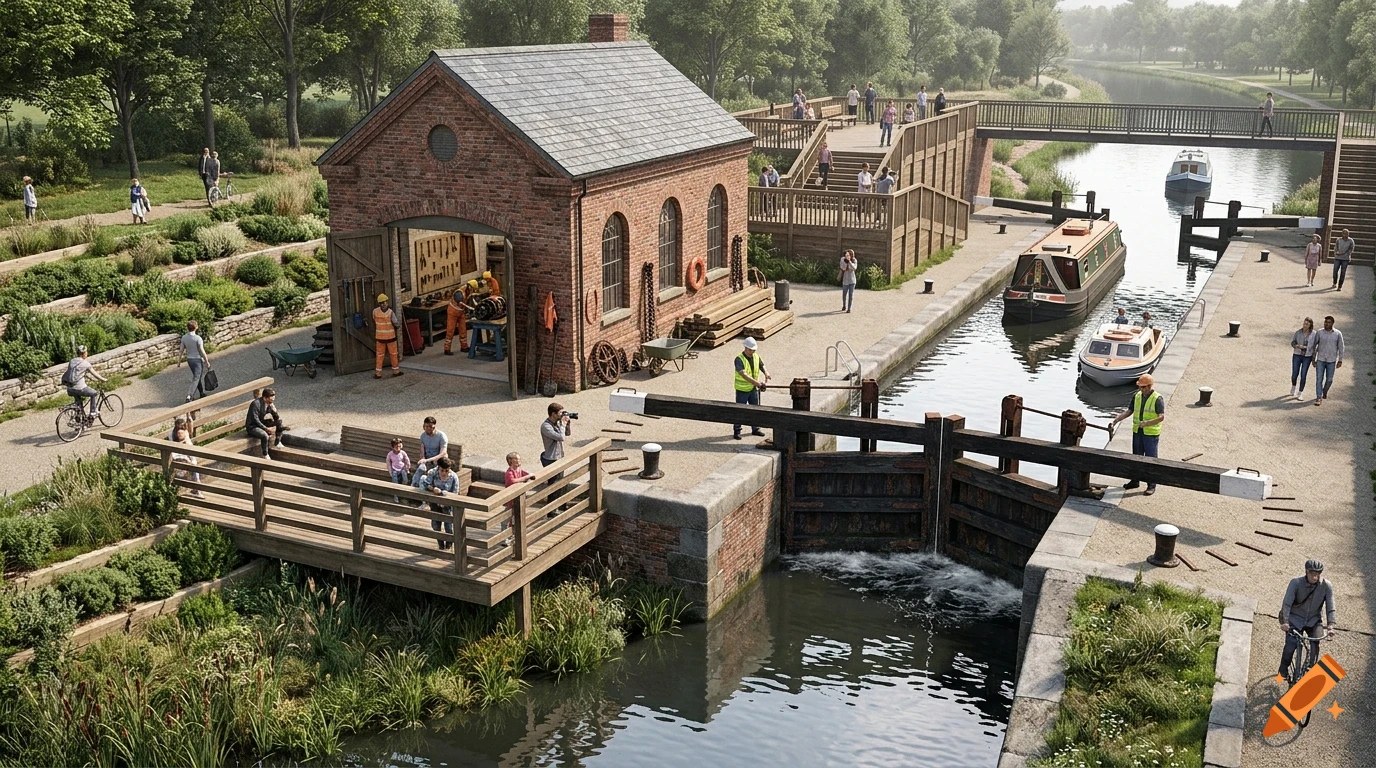 An aerial view of a historic canal lock with a brick building, narrowboats, wooden platforms, and people walking and cycling along the paths.