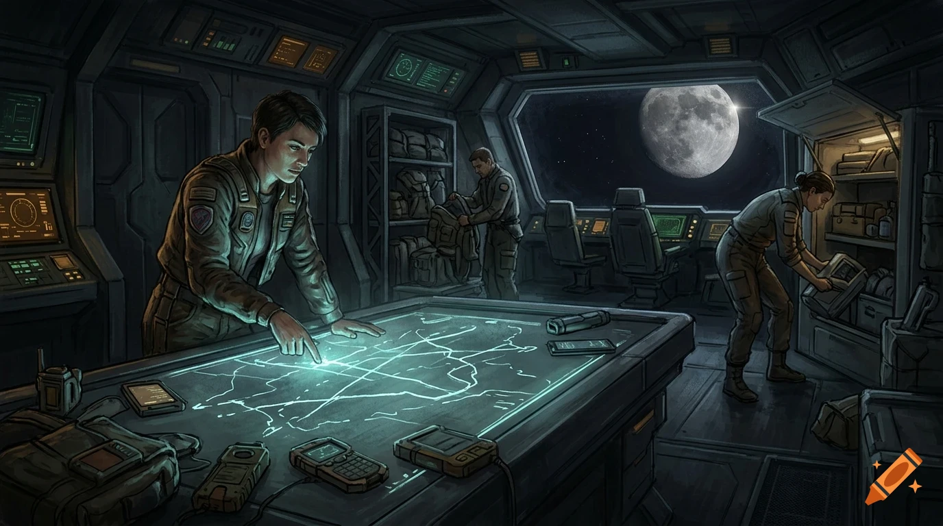 Three crew members inside a spaceship control room looking at a glowing map table with a large moon visible through the window in space.