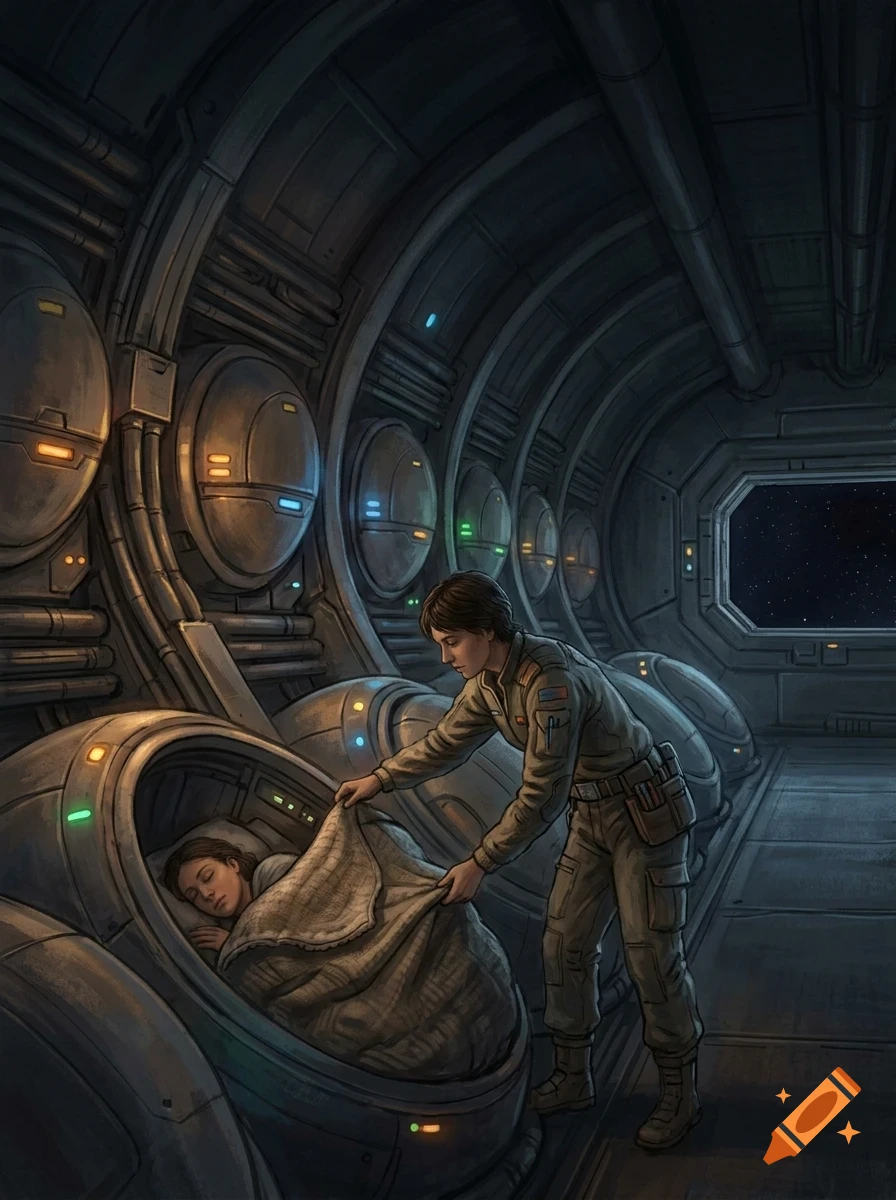 An astronaut tucks a blanket in around another person sleeping in a pod inside a futuristic spacecraft.