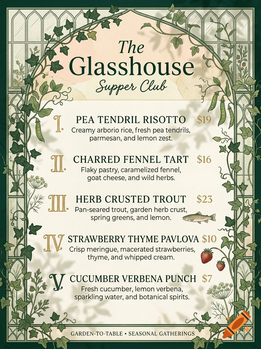 An ornate green and cream menu for The Glasshouse Supper Club featuring dishes like pea tendril risotto and charred fennel tart, framed by botanical illustrations.