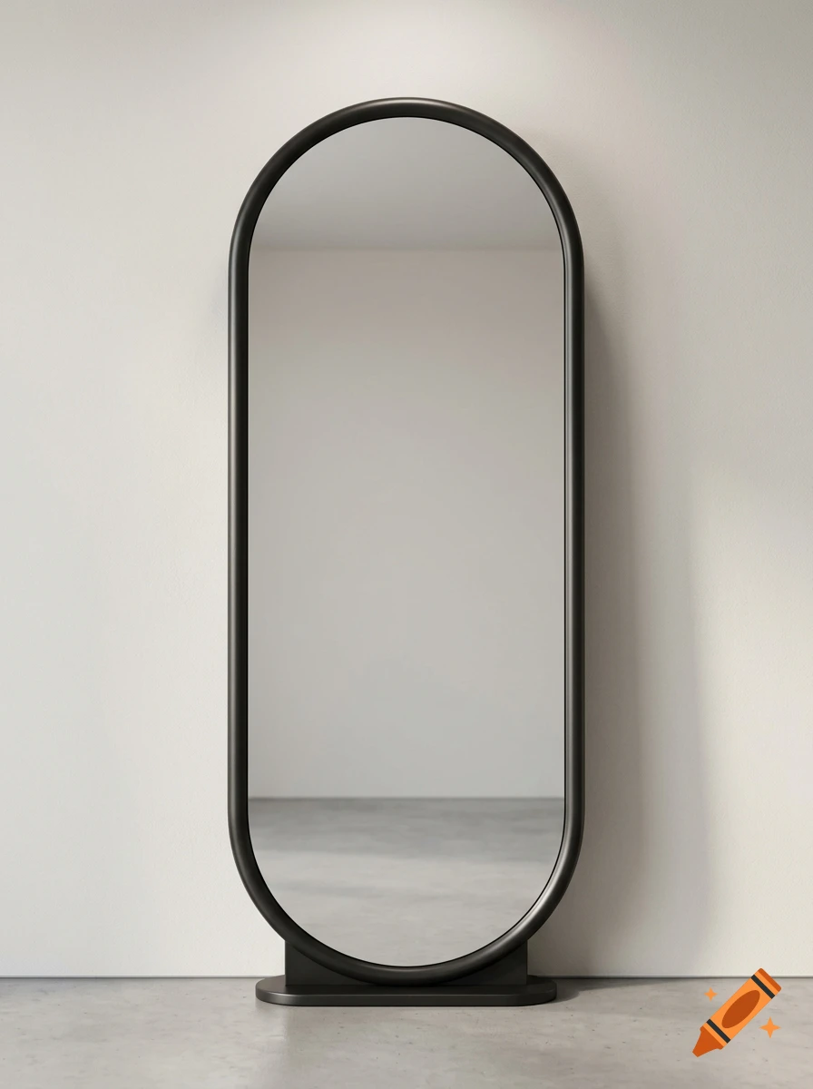 A full-length oval barber mirror with a black frame standing against a neutral grey wall.