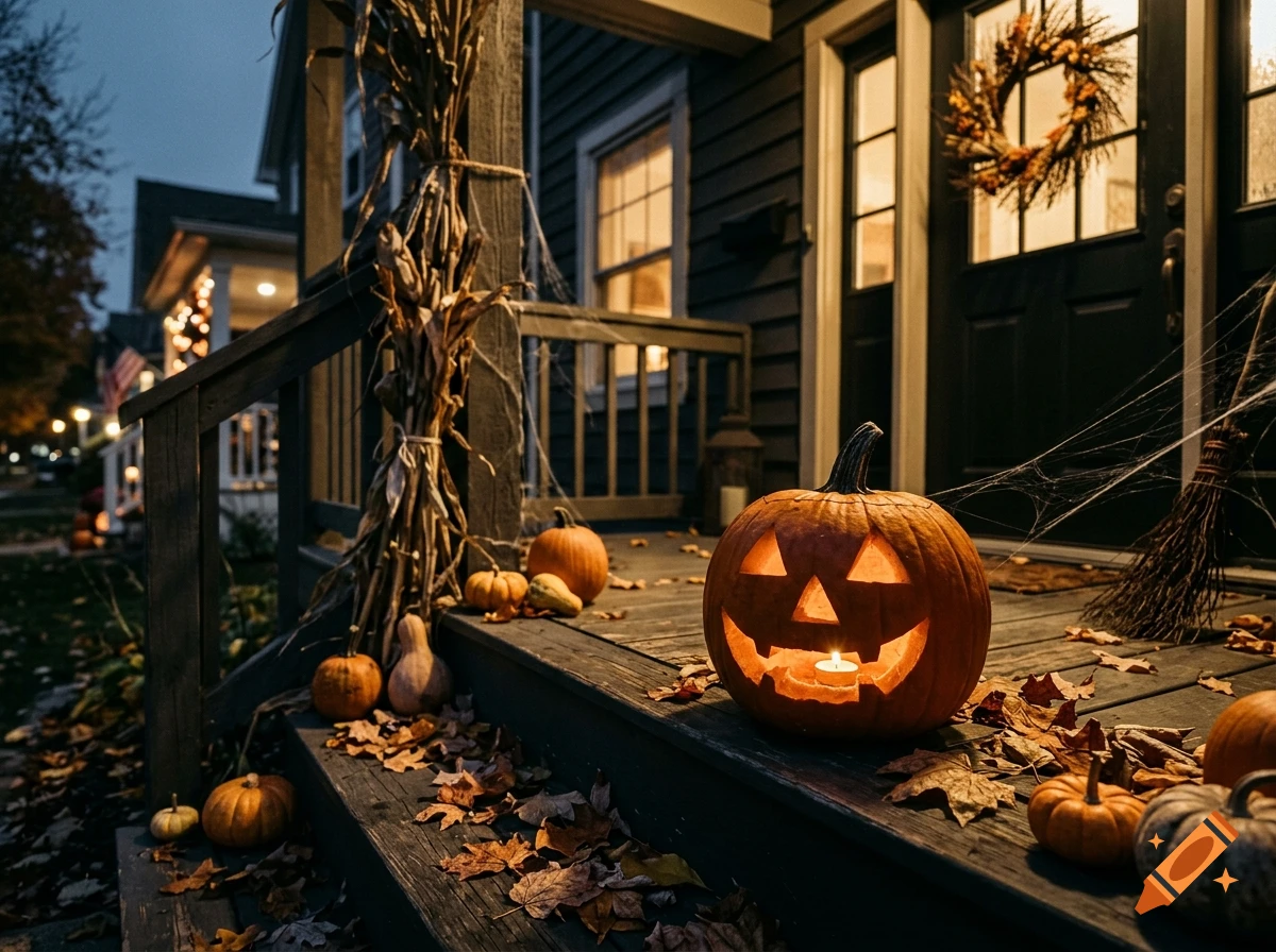 Photorealistic nighttime view of a porch decorated for Halloween with carved pumpkins, cornstalks, and autumn leaves.
