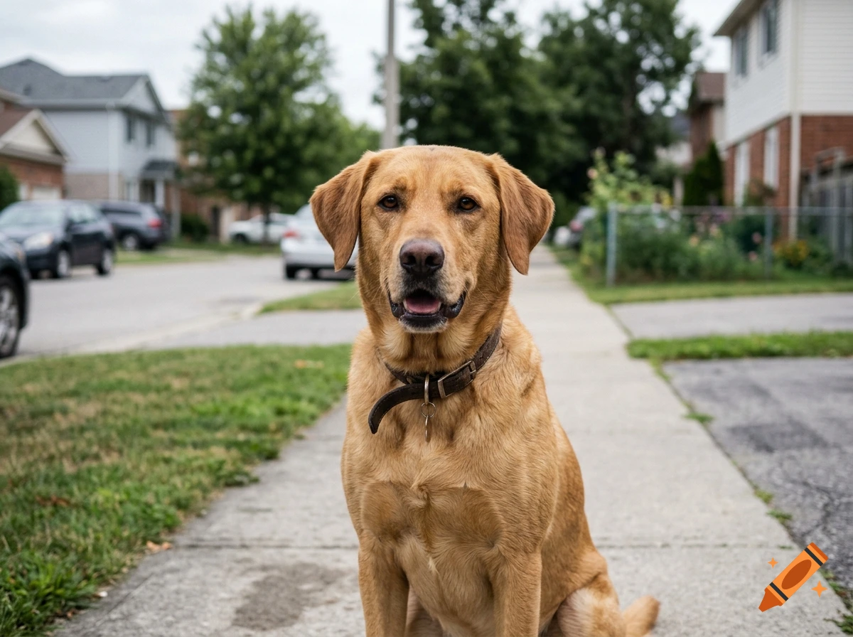 Photorealistic medium shot of a golden retriever dog sitting on a suburban sidewalk.