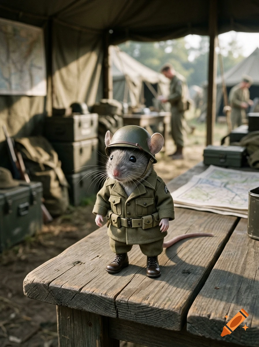 Photorealistic image of a small mouse wearing a military uniform and helmet standing on a wooden table in a tent camp.