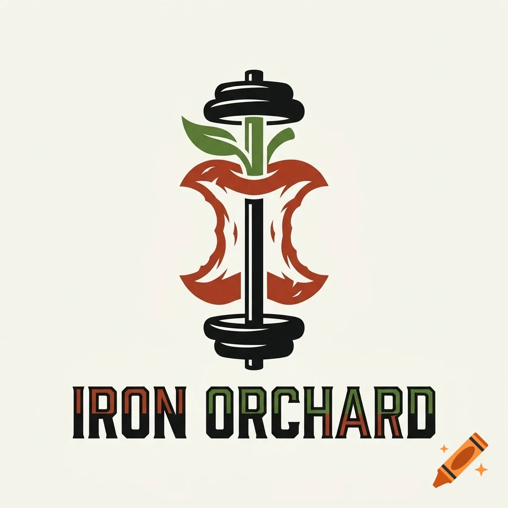 A logo featuring a dumbbell combined with an apple core and leaves, with the text IRON ORCHARD below.