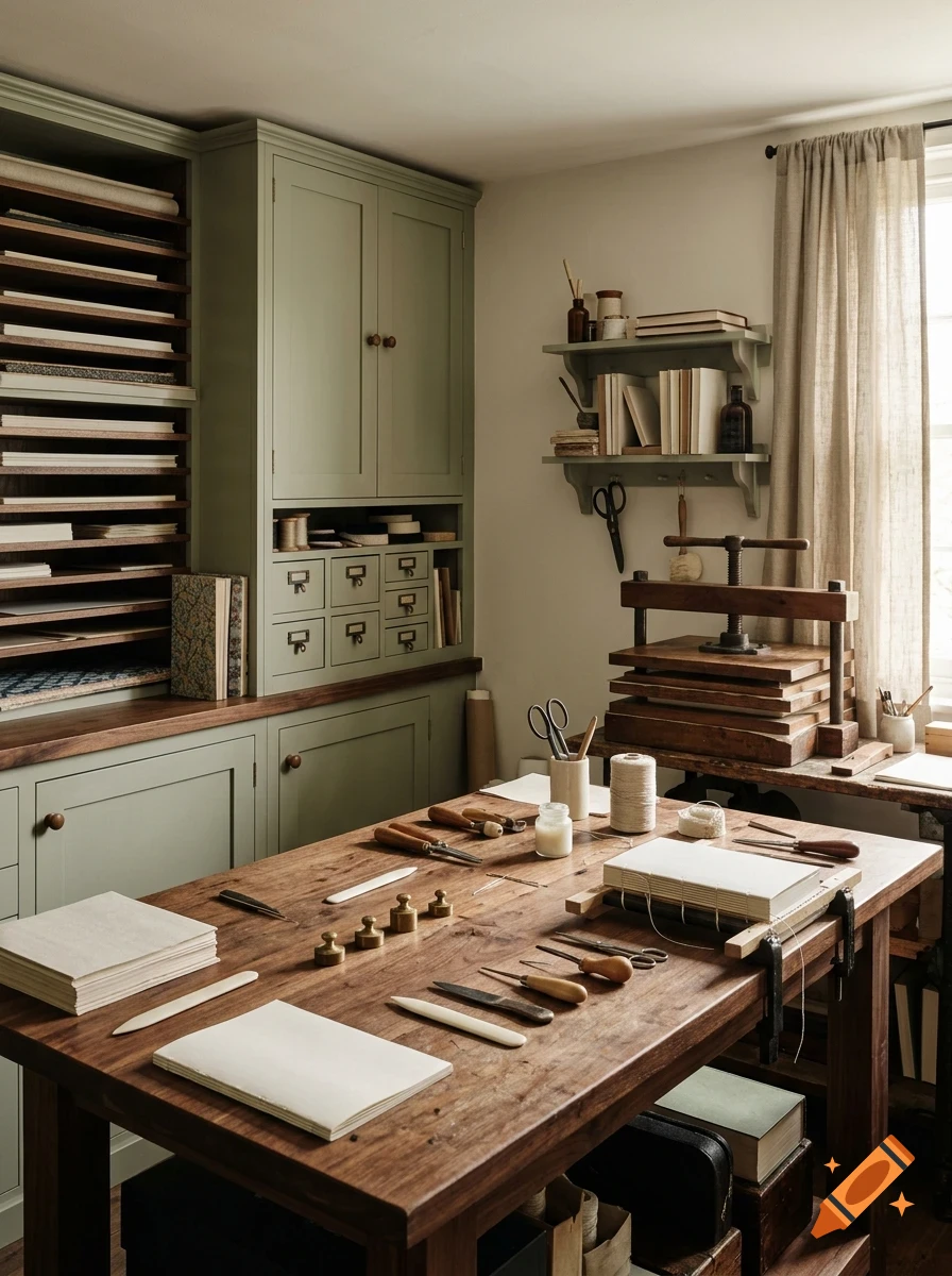 A rustic bookbinder's workshop with wooden tables, shelving, green cabinets, and bookbinding tools.