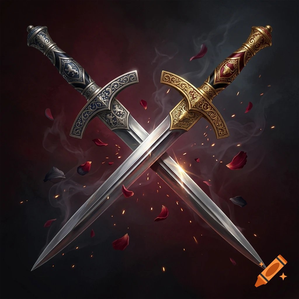 Two crossed daggers with ornate handles, one silver and one gold, against a dark red and black smokey background with scattered rose petals.
