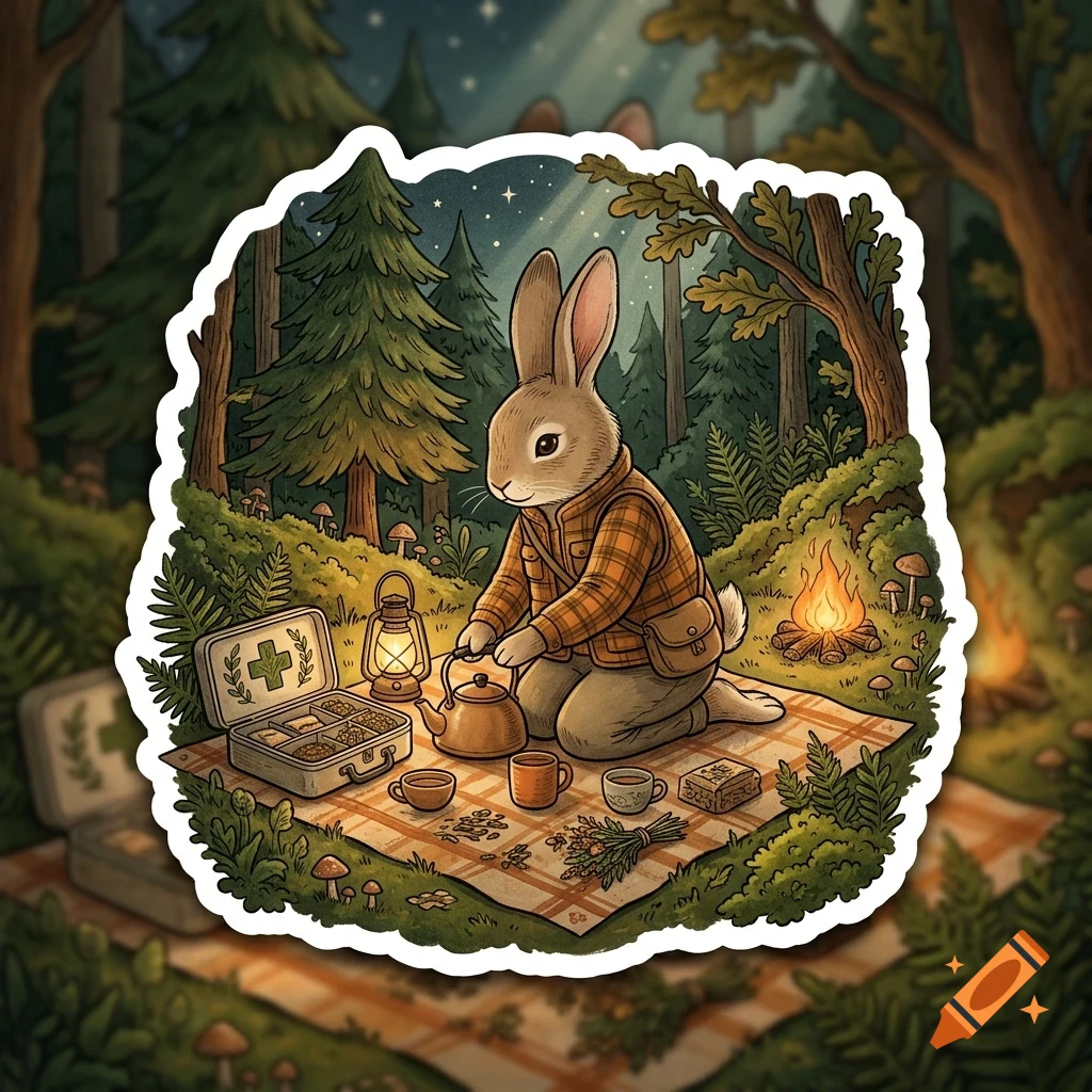 An anthropomorphic rabbit dressed in a flannel shirt is kneeling on a picnic blanket in a forest, pouring tea from a kettle with a first aid kit and campfire nearby.