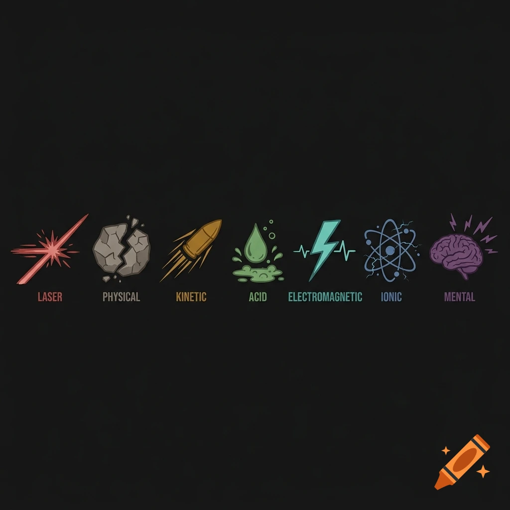 Seven sci-fi RPG damage type icons with text labels laser, physical, kinetic, acid, electromagnetic, ionic, mental on a dark background.