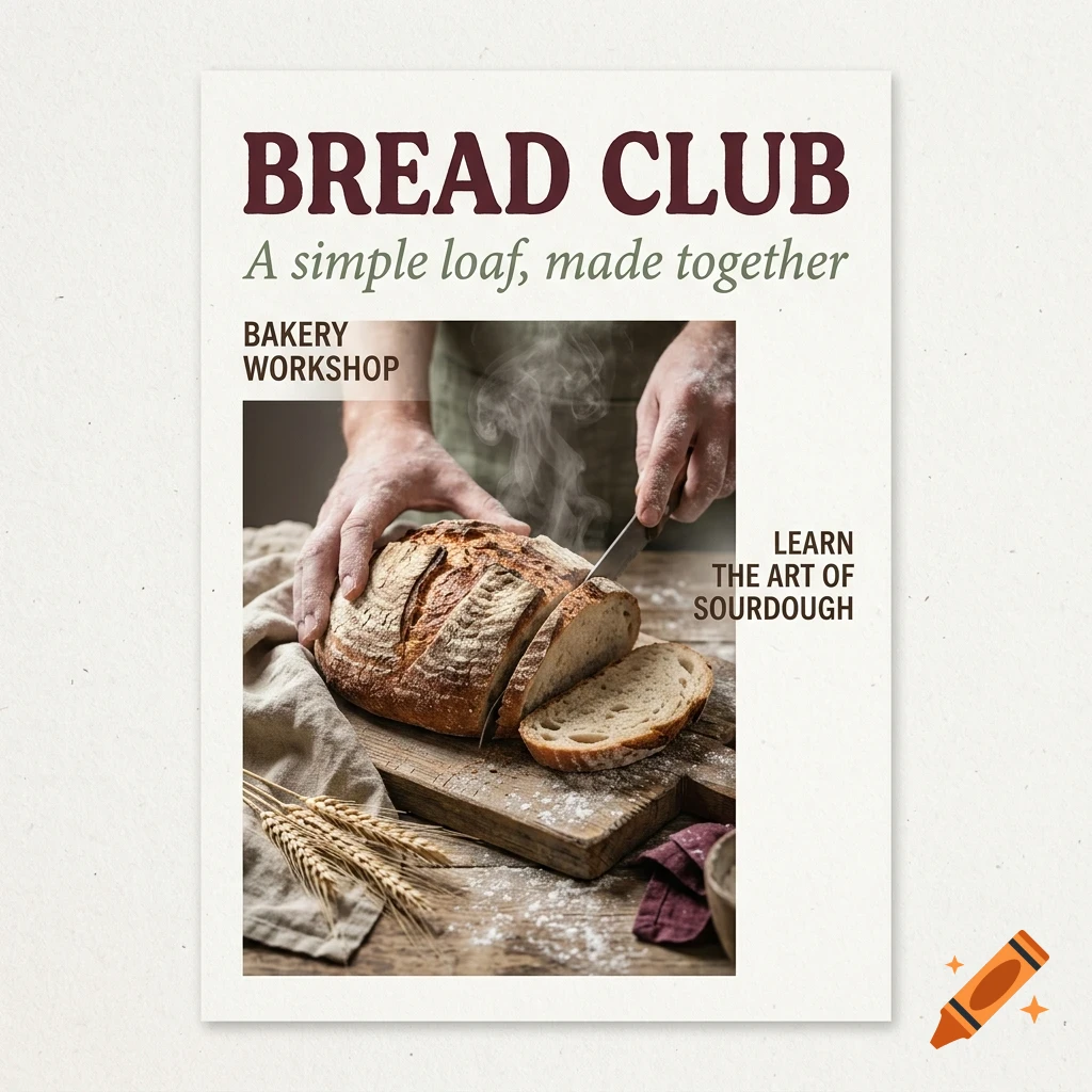 A poster for BREAD CLUB with a photo of hands slicing freshly baked sourdough bread on a wooden board.