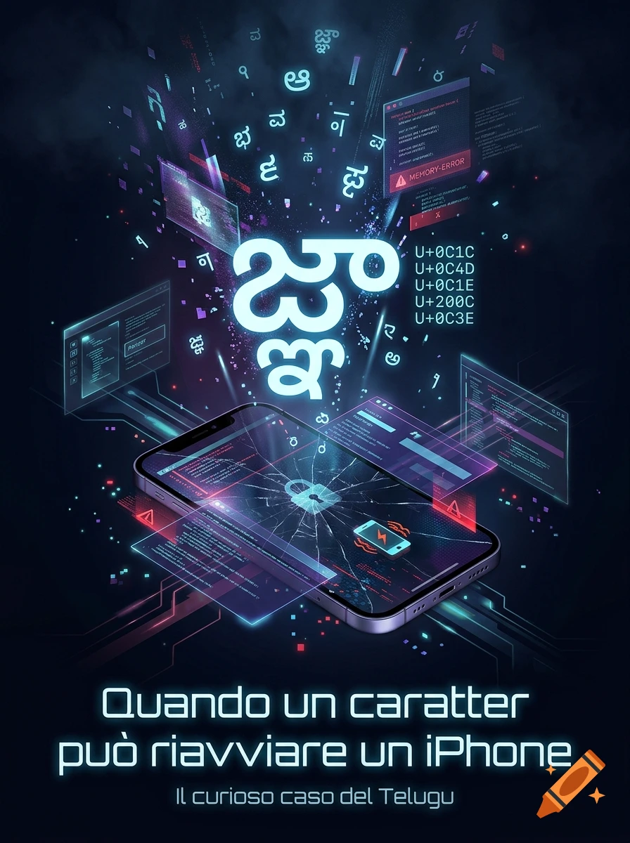 Cybersecurity illustration with a cracked smartphone, glowing Telugu character, and code snippets in a dark tech setting.