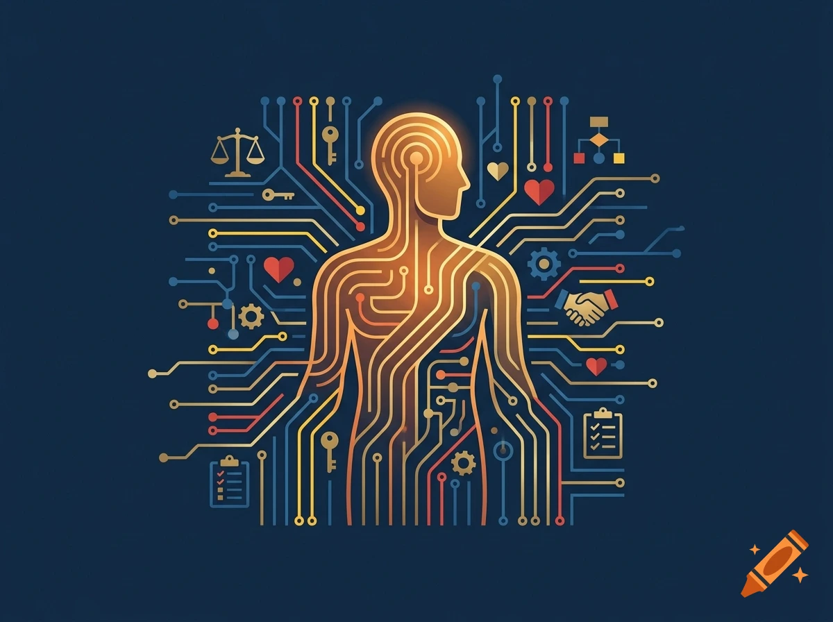 Stylized human silhouette with glowing circuit board lines and governance icons against a dark blue background.