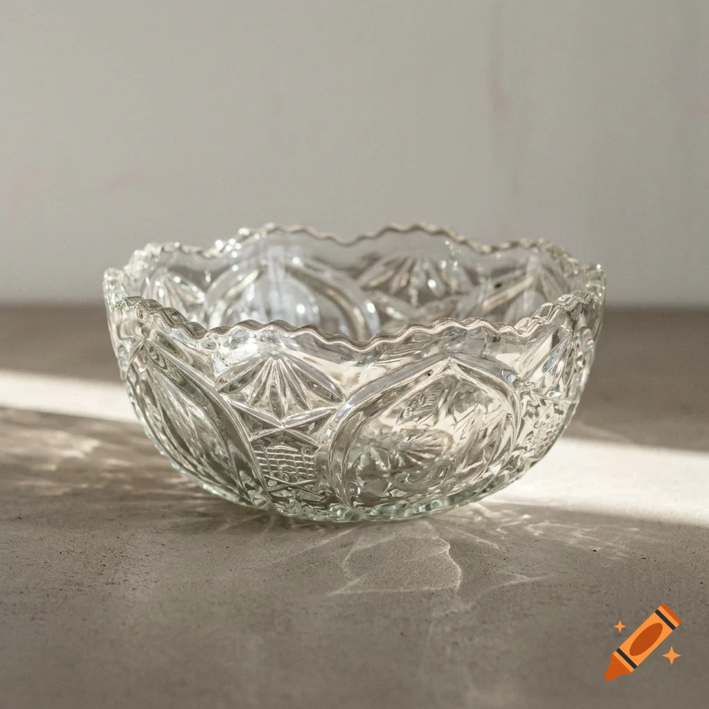 An ornate cut glass decorative bowl sits on a neutral surface.