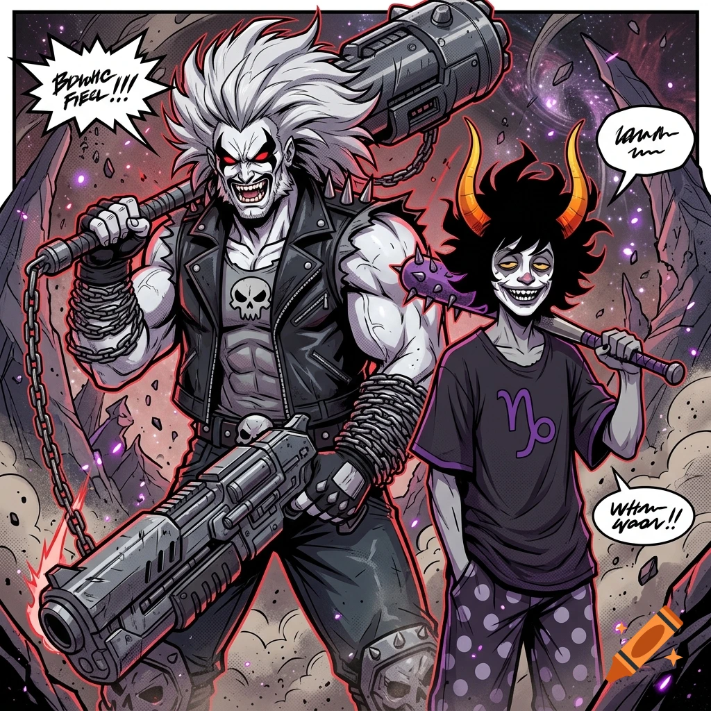 Comic book style illustration of Lobo from DC and Gamzee Makara from Homestuck standing together in a cosmic setting.