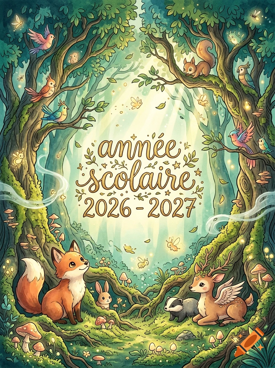 An illustrated fantasy forest with cute animals and glowing lights surrounding the text 'année scolaire 2026-2027' in a Miyazaki style.