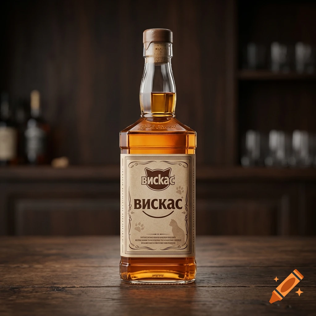 Photorealistic bottle of whiskey with a custom label featuring a cat logo on a wooden table.