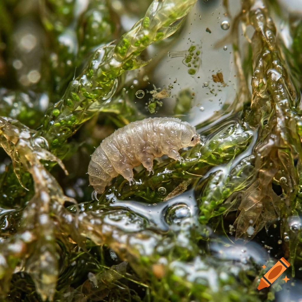 A tiny tardigrade crawling among wet green moss under a microscope.