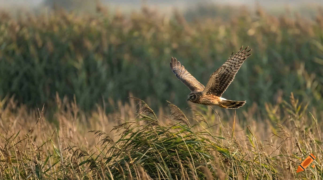 An owl in flight over tall grass and reeds.