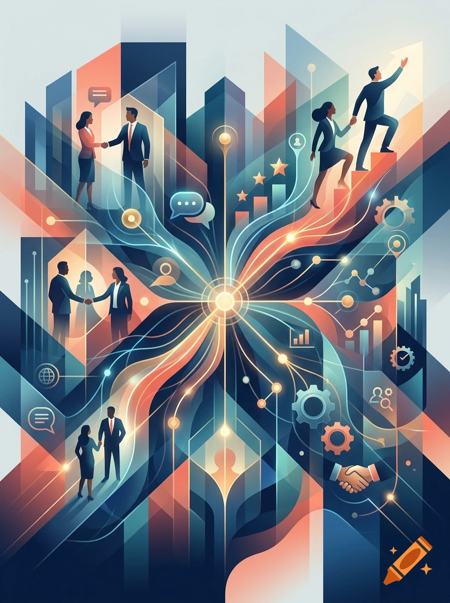 Abstract digital illustration of business management, featuring professional figures, networking lines, and geometric cityscapes in corporate colors.