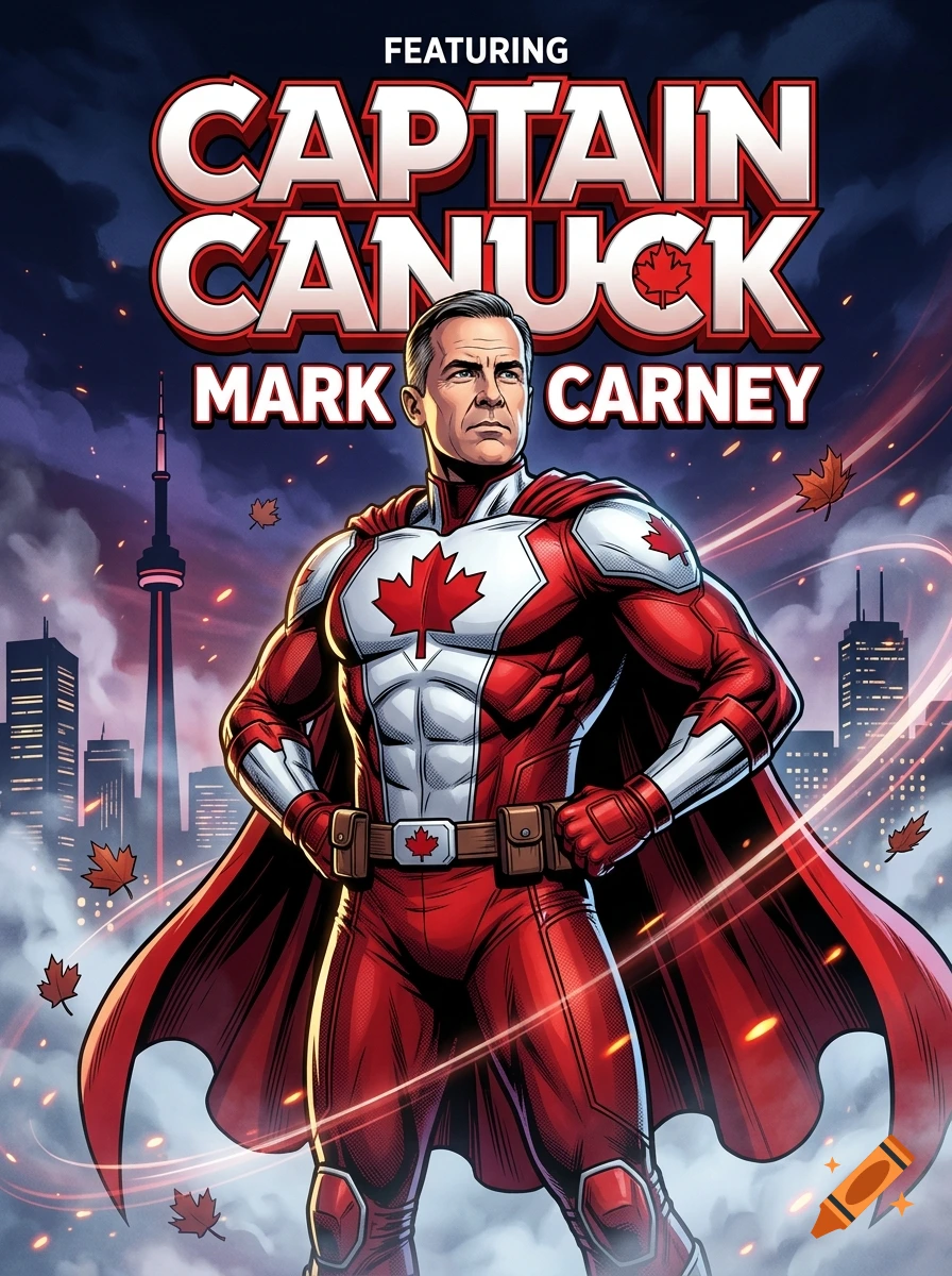 Comic book style illustration of a male superhero in a red and white Canadian flag costume with a city skyline in the background.