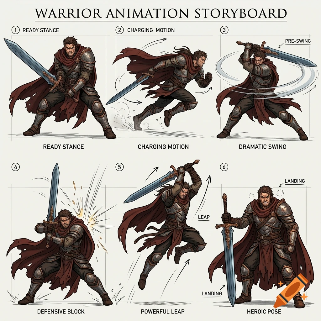 2D animation storyboard of a warrior in armor wielding a sword, featuring poses and directional arrows.
