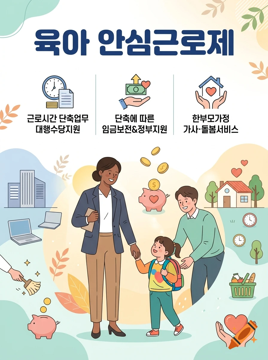 An illustrated poster in Korean about childcare support featuring a professional woman, a father, and a child walking together with various icons.