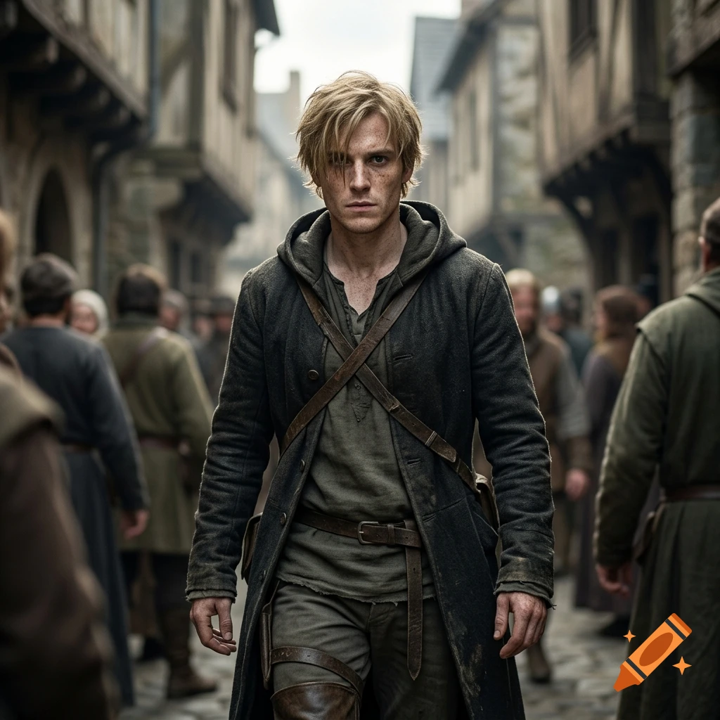 Photorealistic medium shot of a young male rogue with blonde hair, freckles, and a dark hooded coat walking down a medieval street.