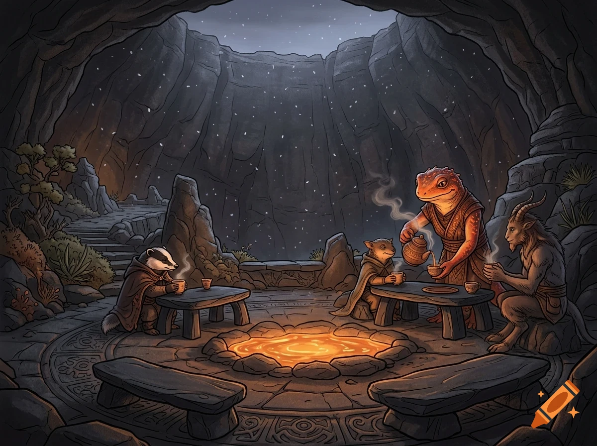 An anthropomorphic badger, lizard creature, small mammal, and goat sitting around a glowing fire pit inside a stone cave, drinking from mugs while a lizard pours tea.