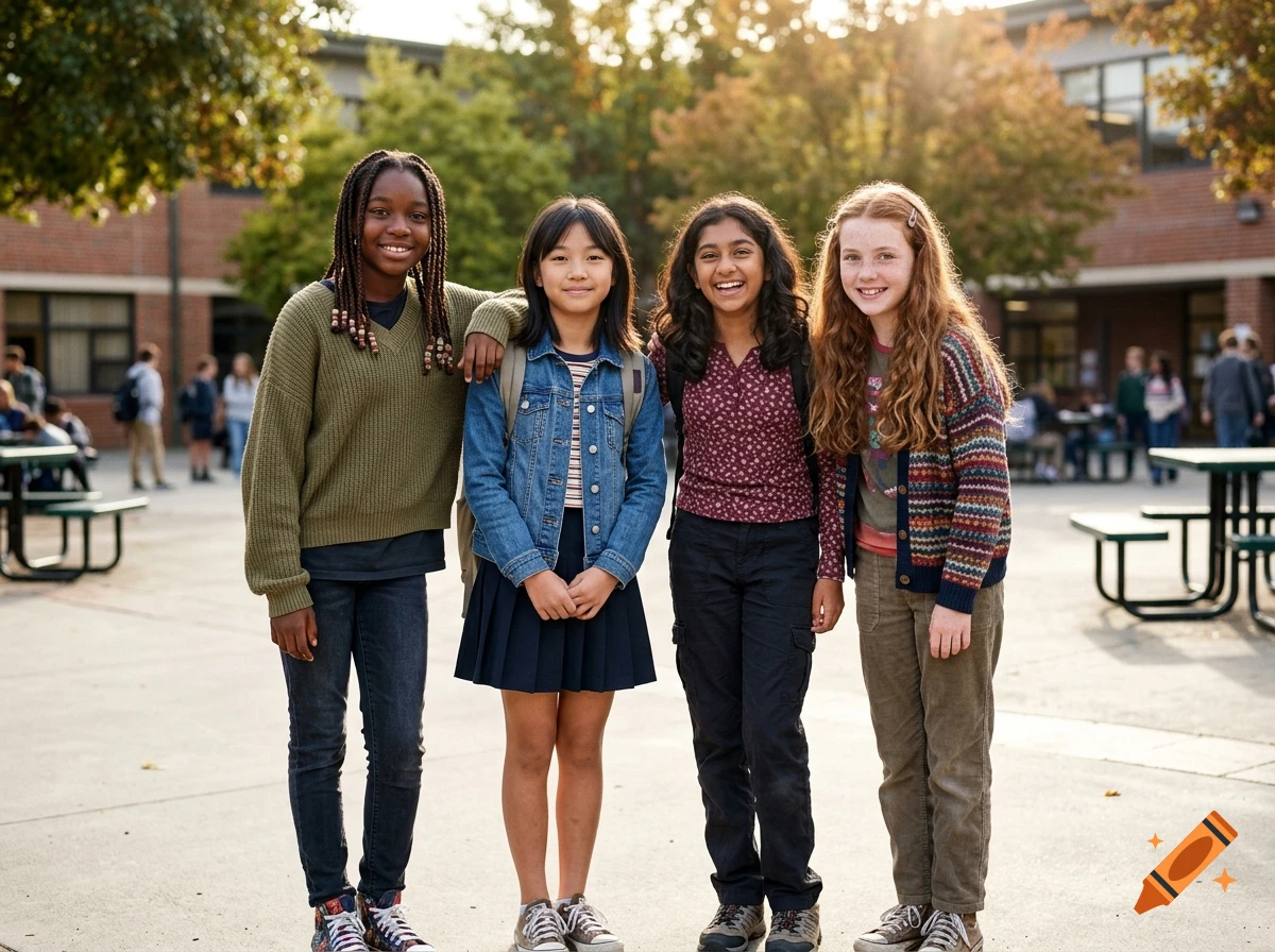 Photorealistic image of four ethnically diverse 11-12 year old girls smiling together in a school yard.