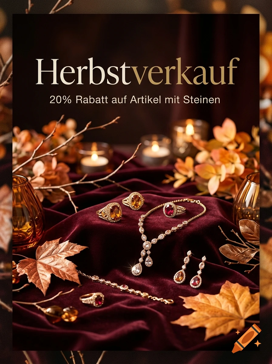 An autumn-themed jewelry advertisement showcasing rings, a necklace, and earrings on deep red velvet with fall leaves and candles.