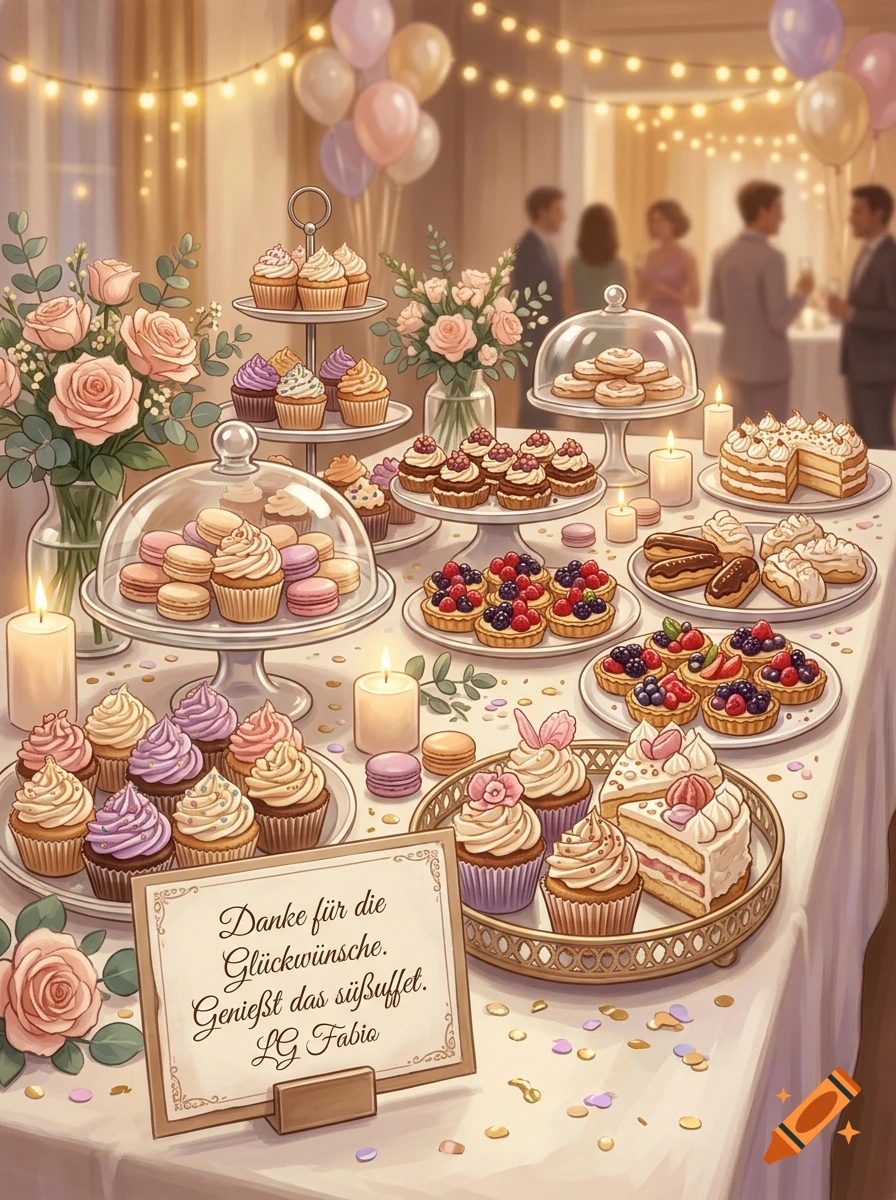 Illustrated dessert buffet table with cupcakes, cakes, macarons, and a sign reading 'Danke für die Glückwünsche'.