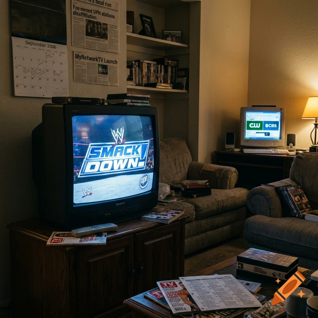 A vintage 2000s living room with a CRT television displaying WWE SmackDown, a computer monitor, and newspapers on the wall.