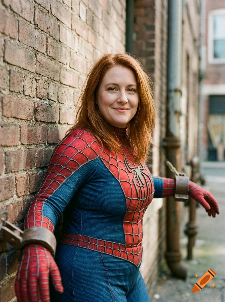 Photorealistic portrait of a woman with red hair in a Spider-Man costume, smiling while leaning against a brick wall.