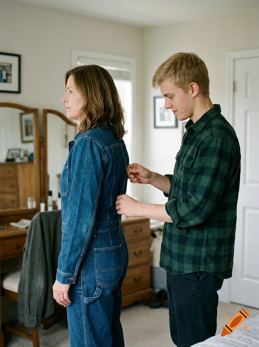 Photorealistic image of a young man helping his mother zip up her denim jumpsuit in a bedroom.