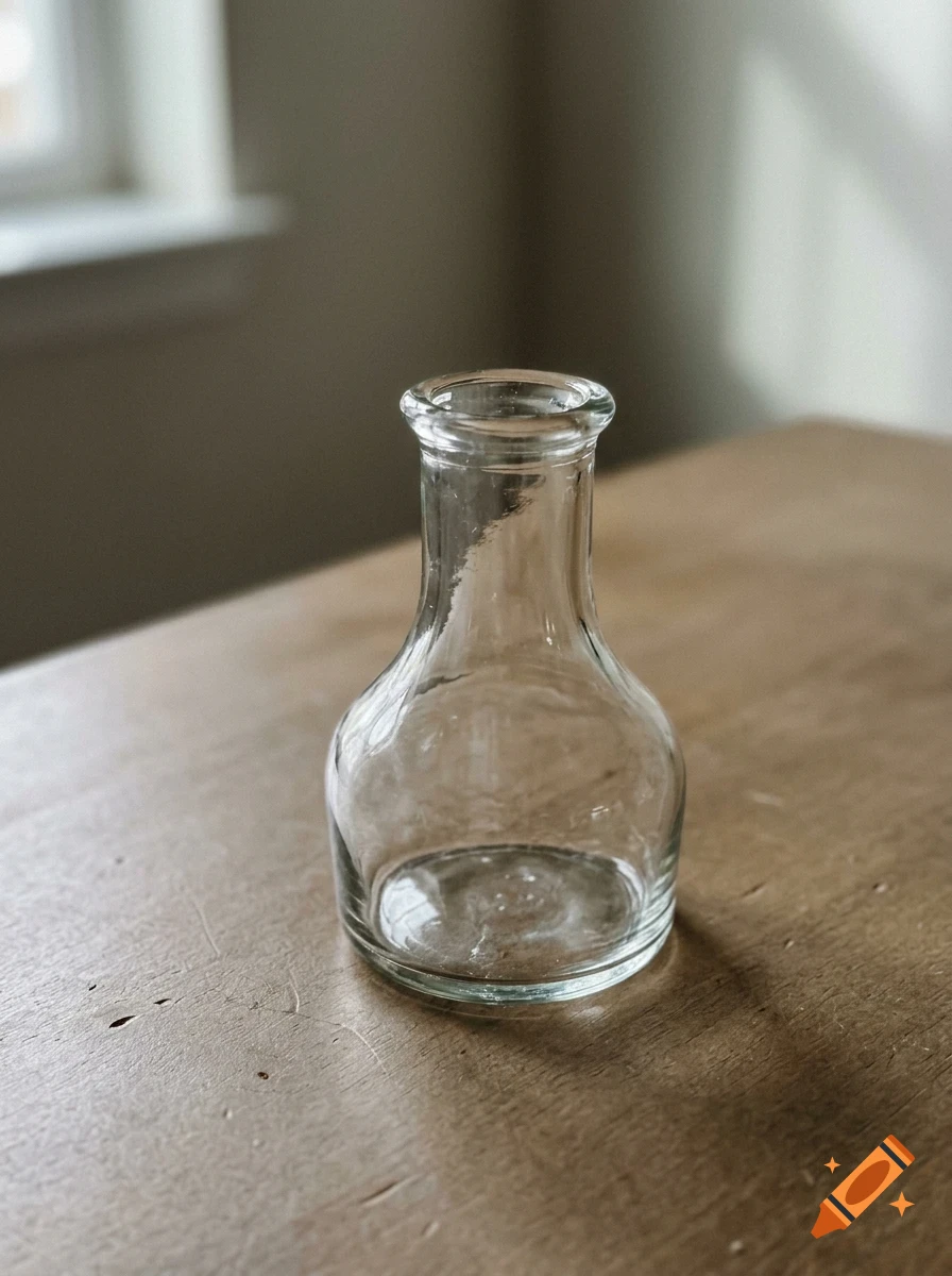 A small empty clear glass vase on a wooden table.