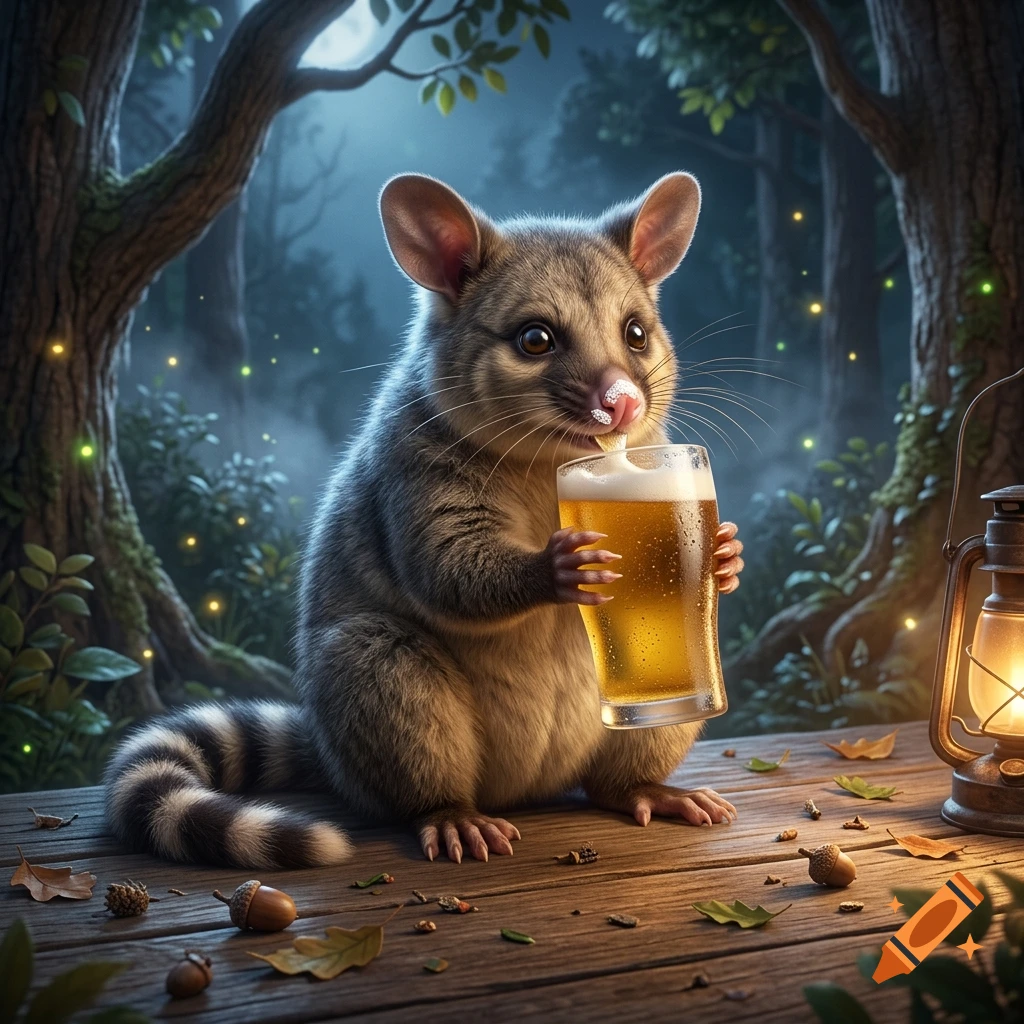 A cute ring-tailed possum sitting on a wooden table in a magical forest, holding a glass of beer, photorealistic digital art.