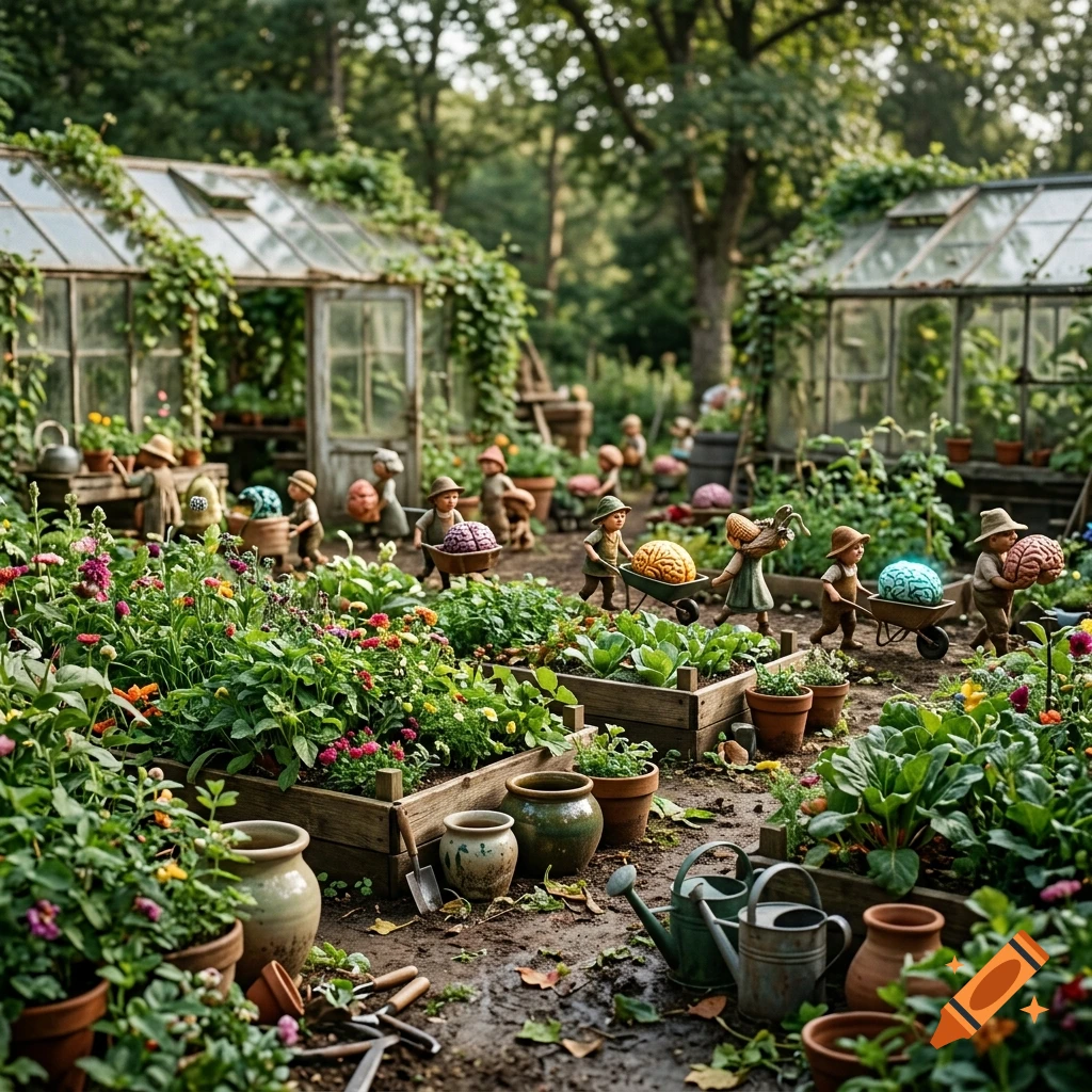 Photorealistic scene of tiny gnomes tending to a garden with greenhouses and wheelbarrows full of glowing brains.