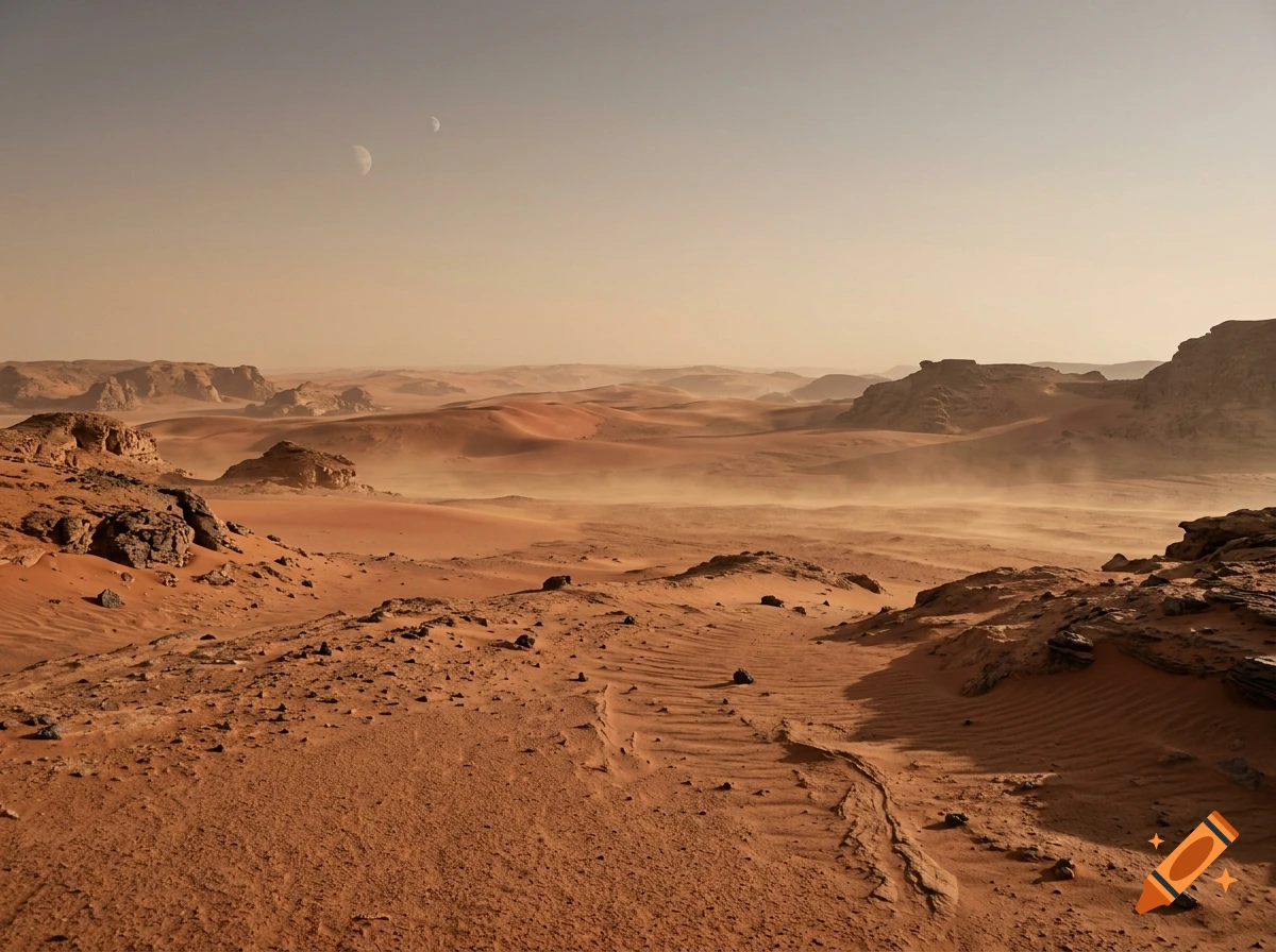 Photorealistic desert landscape on an alien planet with reddish-orange sand, rocky formations, and two moons in the sky.