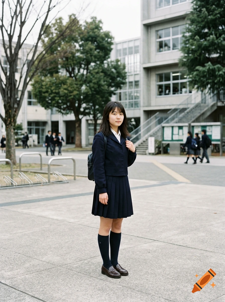 Full-body photograph of a Japanese high school girl in uniform standing outdoors in front of a school building.