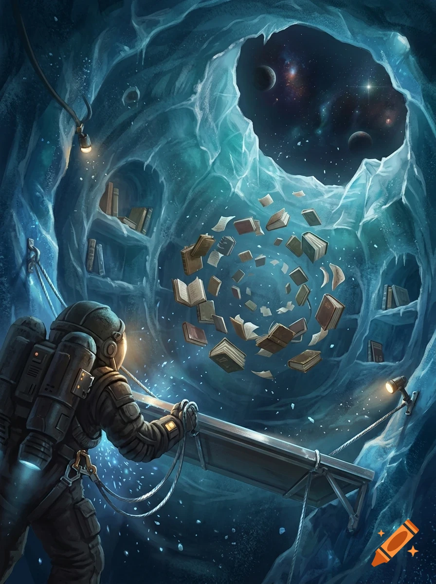 An astronaut inside an icy cave looking at a swirling vortex of flying books and open pages, with a view of outer space through an opening.