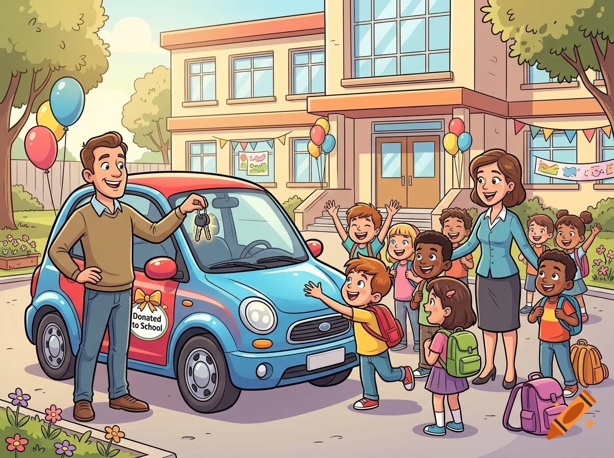 Cartoon illustration of a man donating a car to a school, surrounded by excited children and a teacher in front of a school building.