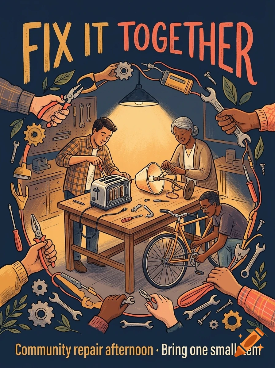 An illustration of people repairing items together in a workshop with tools and the text FIX IT TOGETHER.