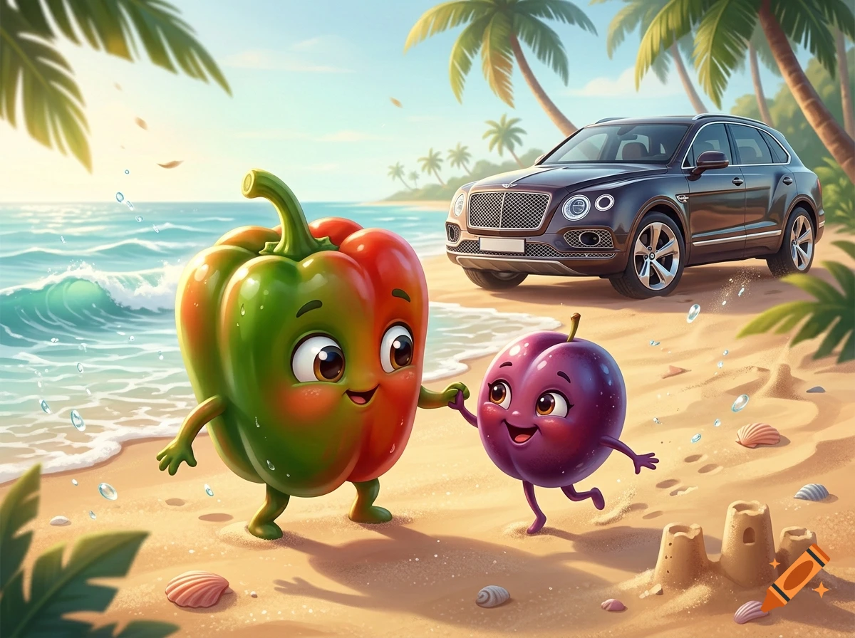 Digital illustration of anthropomorphic baby bell pepper and plum holding hands on a tropical beach with a black car in the background.