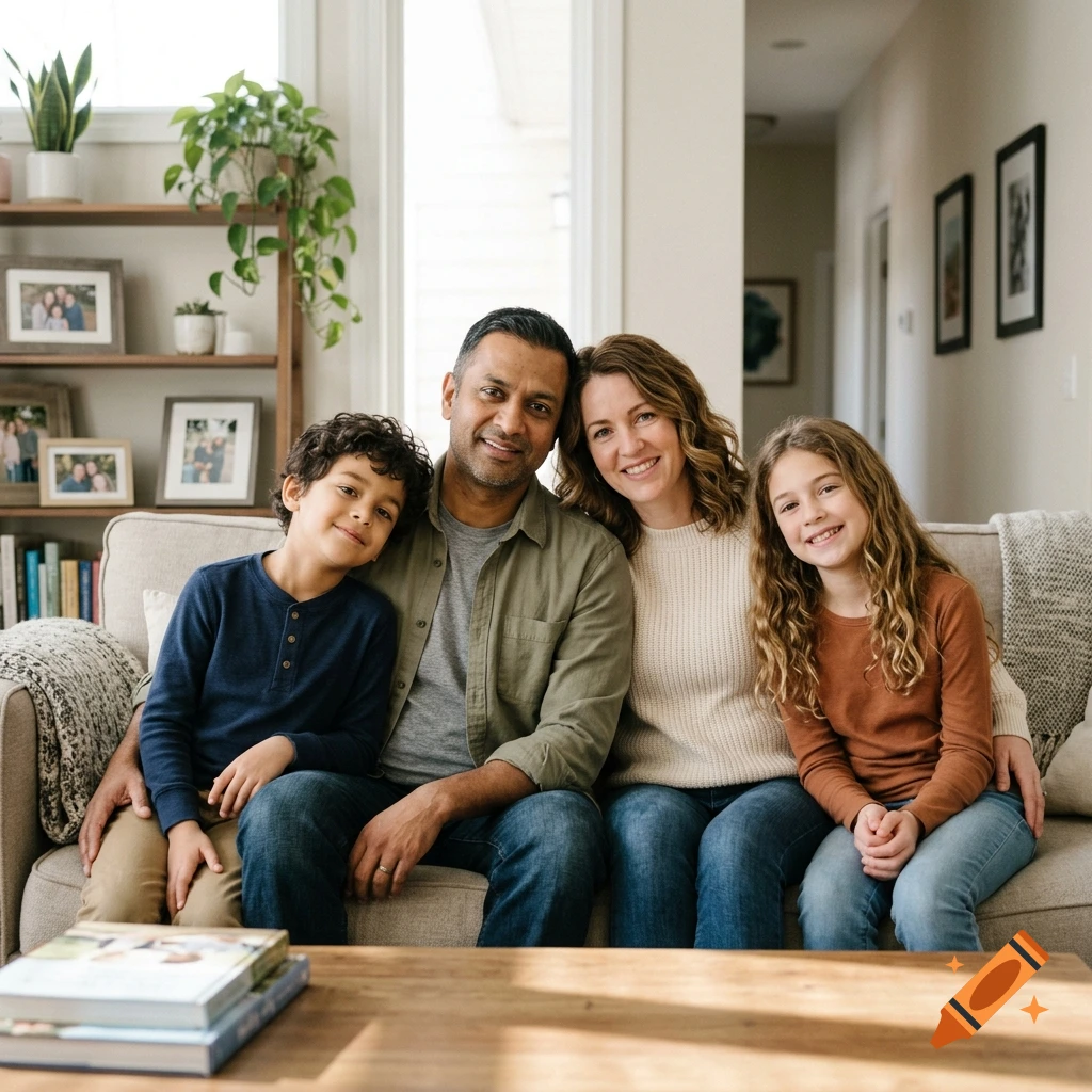 Photorealistic portrait of a family of four sitting together on a couch in a living room.