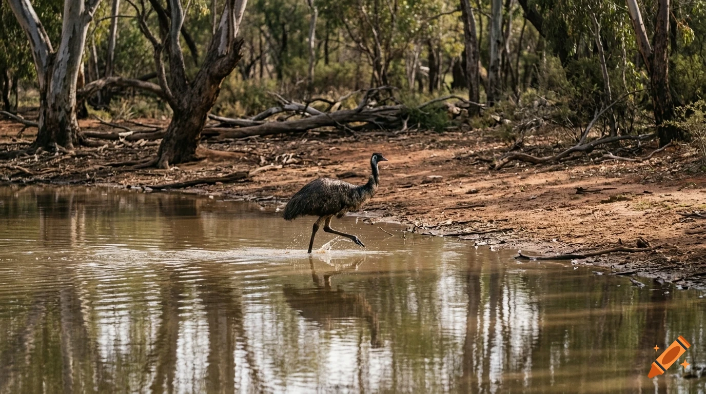 An emu wading through the shallow water of a riverbank surrounded by dry woodland and trees.