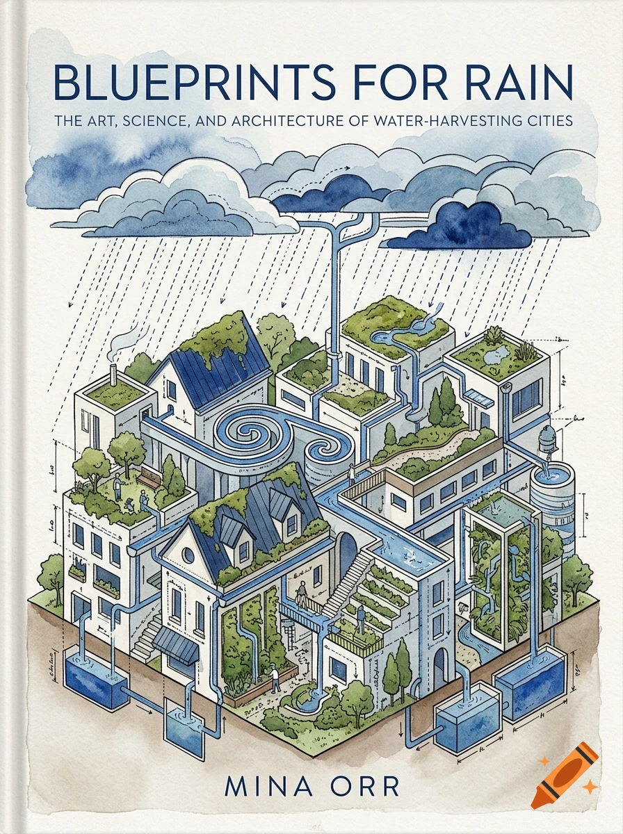 An illustrated architectural diagram of a sustainable city with water-harvesting systems, titled Blueprints for Rain by Mina Orr.